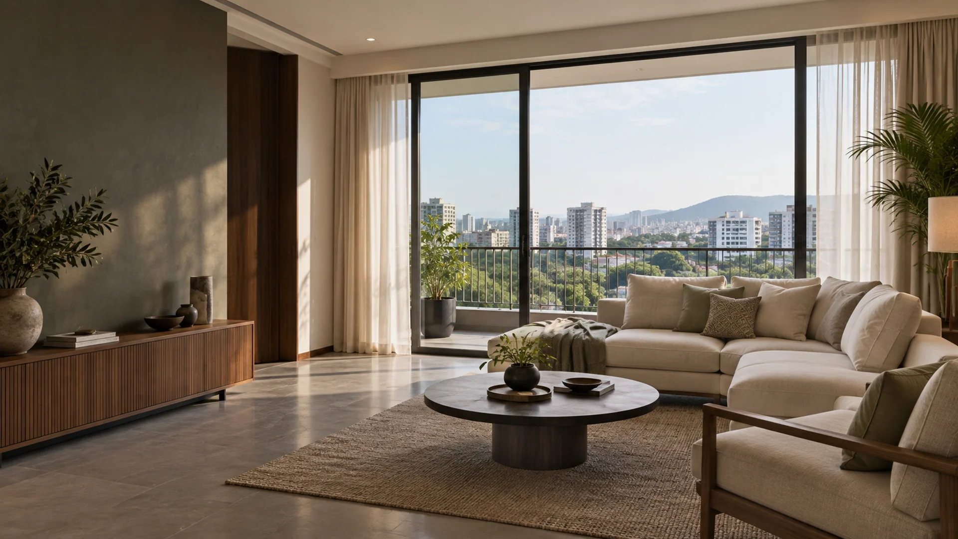 AI-generated apartment interior concept overlooking a fictional city skyline